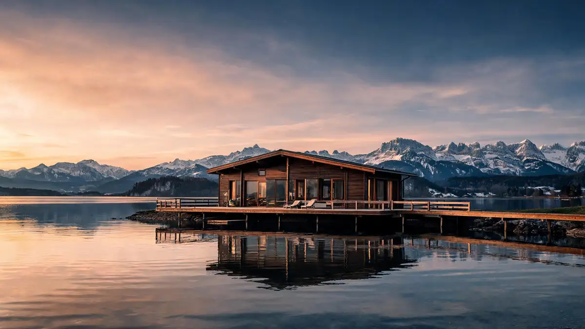 Ein modernes Holzchalet direkt am Ufer des Chiemsees bei Abendlicht, mit Terrasse zum Wasser und Blick auf die Chiemgauer Alpen im Hintergrund.