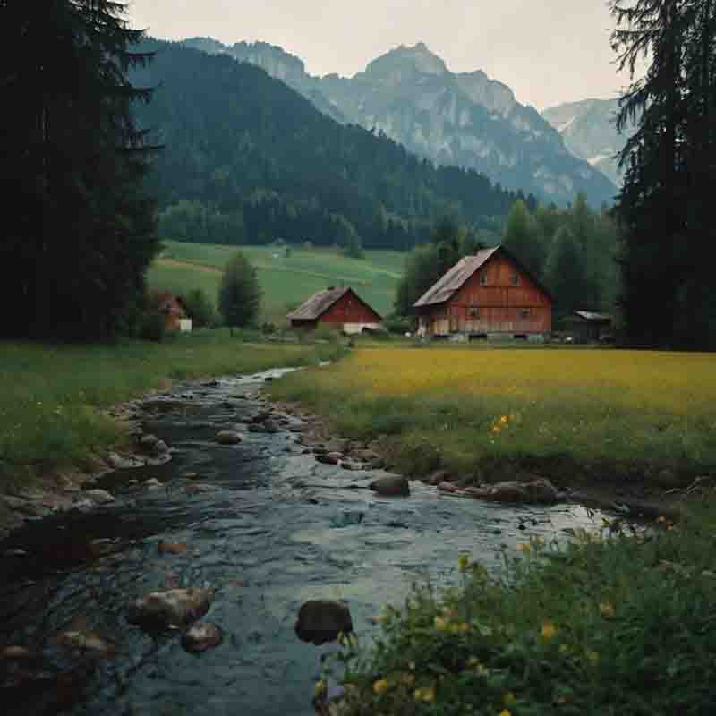 Ein Bach fließt durch ein Feld im Chiemgau in der Nähe eines majestätischen Berges, umgeben von üppiger Natur.