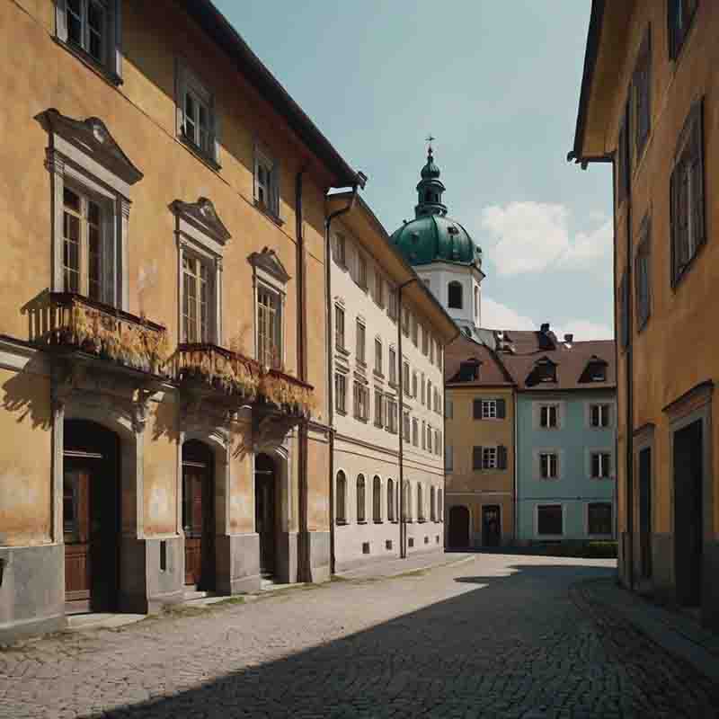 Malerische Straße im Chiemgau, gesäumt von gelben Gebäuden und einer beeindruckenden Kuppel.