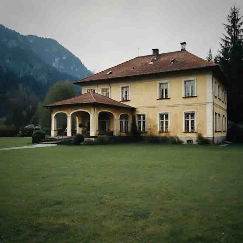 Ein großes gelbes Haus mit einem weitläufigen Rasen vor einer beeindruckenden Chiemgauer Bergkulisse.