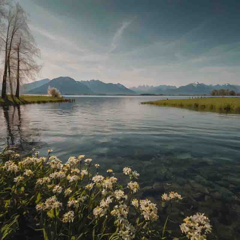 Der idyllischer Chiemsee im chiemgau, umgeben von blühenden Pflanzen und Bäumen, der die Schönheit der Natur einfängt.