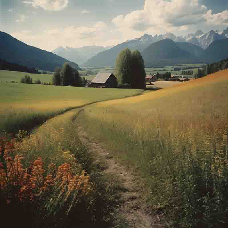 Malerische Chiemgau Landschaft mit einem Feld, umgeben von Bäumen und im Hintergrund erheben sich beeindruckende Berge.