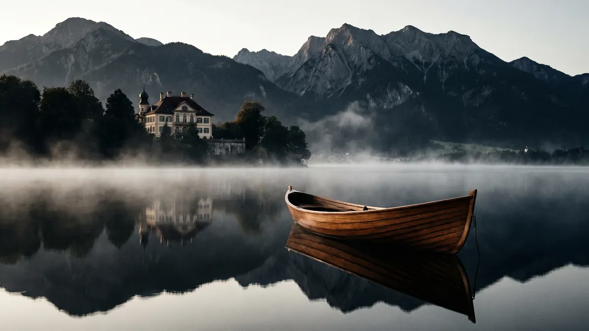 Ein hölzernes Ruderboot treibt auf dem spiegelglatten, nebelverhangenen Chiemsee vor einer Kulisse aus Bergen und einem Schloss am Ufer.