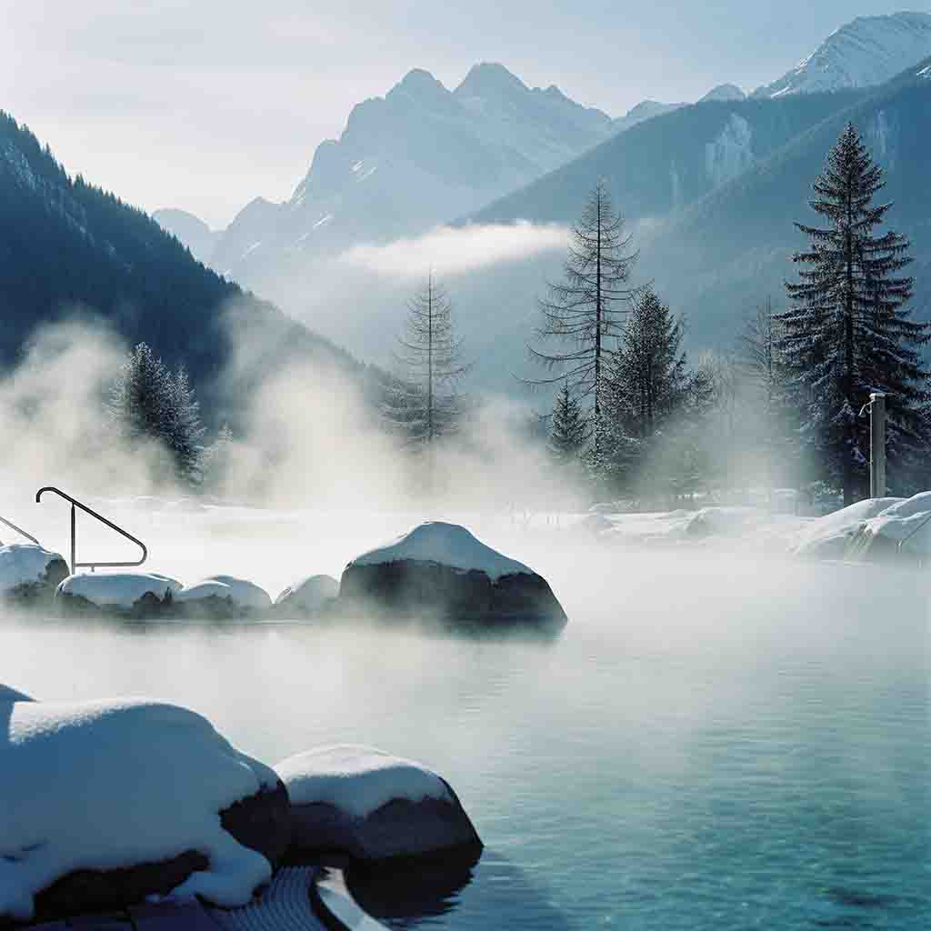 Dampfendes Thermal-Außenbecken im Chiemgau vor verschneiter Alpenkulisse und Nadelbäumen im Winter