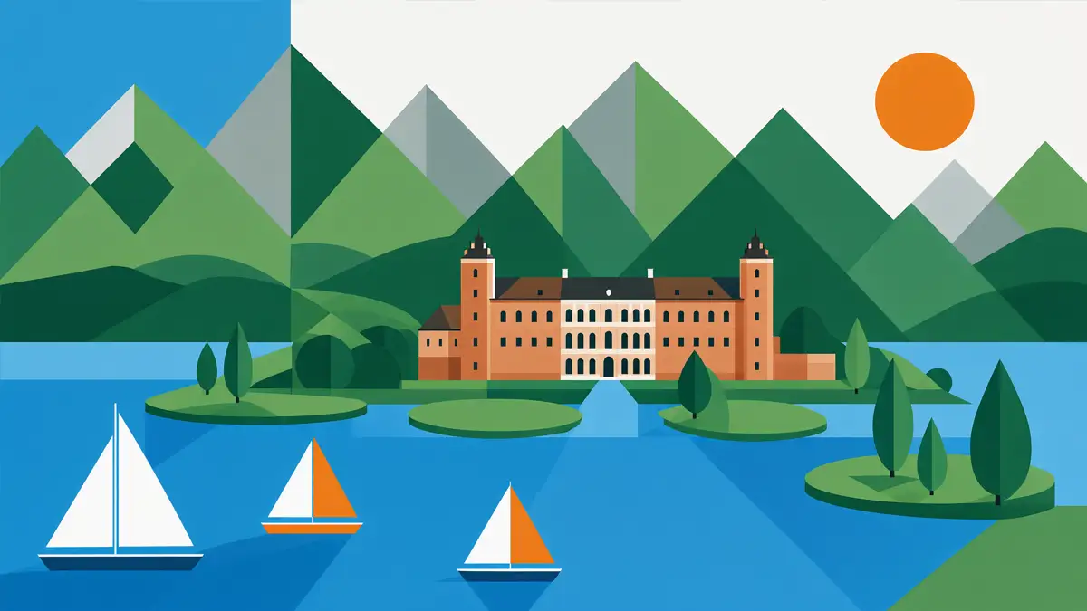 Eine minimalistische, geometrische Vektorgrafik eines Schlosses auf einer Insel in einem See, umgeben von grünen Bergen unter einer orangefarbenen Sonne. Im Vordergrund segeln drei Boote.