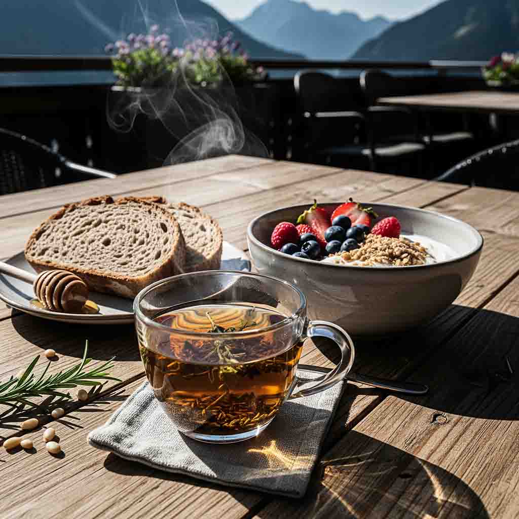 Gesundes Wellness-Frühstück mit dampfendem Kräutertee, Müsli mit frischen Beeren und Vollkornbrot auf einer sonnigen Holzterrasse vor unscharfer Alpenkulisse