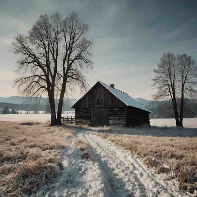 Eine historische Holzscheune befindet sich in der Mitte eines schneebedeckten Feldes, umgeben von winterlicher Stille.