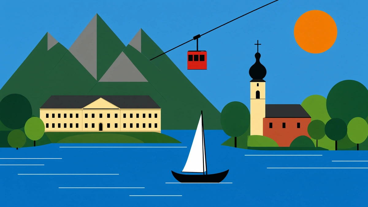 Eine minimalistische Vektor-Illustration Chiemgauer Sehenswürdigkeiten unter blauem Himmel mit einer großen, orangefarbenen Sonne. Auf der linken Seite des blauen Sees steht ein langes, gelbes Gebäude im klassizistischen Stil am Ufer vor grünen, geometrischen Bergen. Auf der rechten Seite befindet sich eine Kirche mit einem schwarzen Zwiebelturm. Im Zentrum schwimmt ein kleines Segelboot mit weißem Segel auf dem Wasser, während im Hintergrund eine rote Seilbahngondel an einem Kabel durch die Luft schwebt.