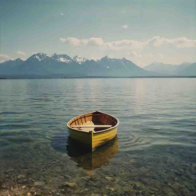 Ein gelbes Boot schwimmt im Chiemsee, umgeben von majestätischen Bayrischen Alpen im Hintergrund.