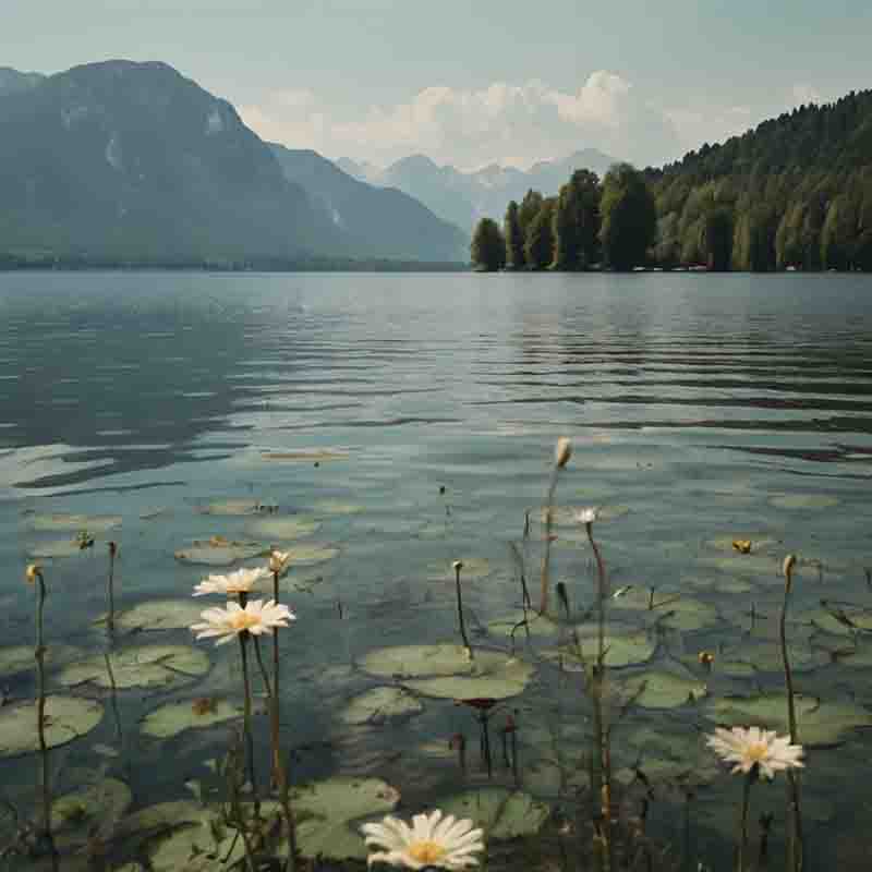 Der Chiemsee vor der Kulisse der Berge. Das Wasser ist ruhig, mit kleinen Spiegelungen des Himmels. Auf der Wasseroberfläche schwimmen mehrere weiße Seerosen mit großen grünen Blättern.