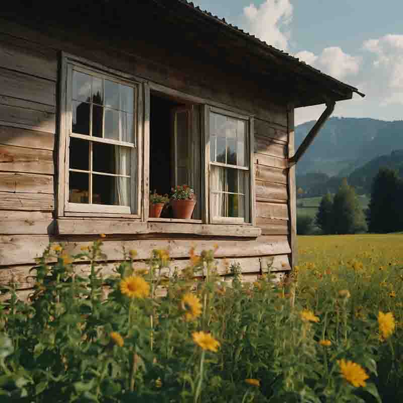 Sommerliche Chiemgau Landschaft mit einem Ferien Haus vor majestätischen Bergen.