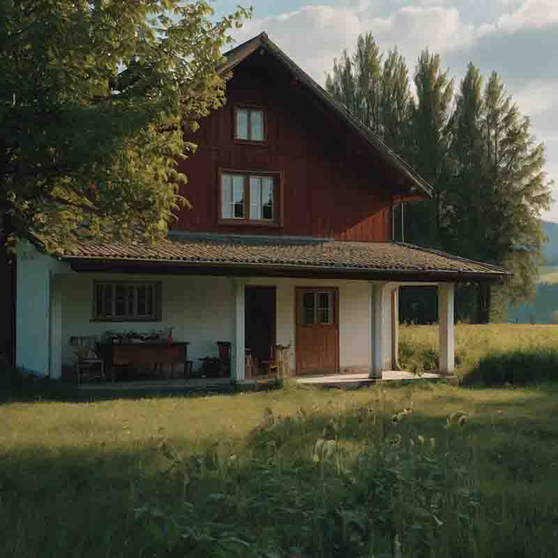 Eine rote und weiße Chiemgau Immobilie steht inmitten eines weitläufigen Feldes, umgeben von grüner Wiese und klarem Himmel.