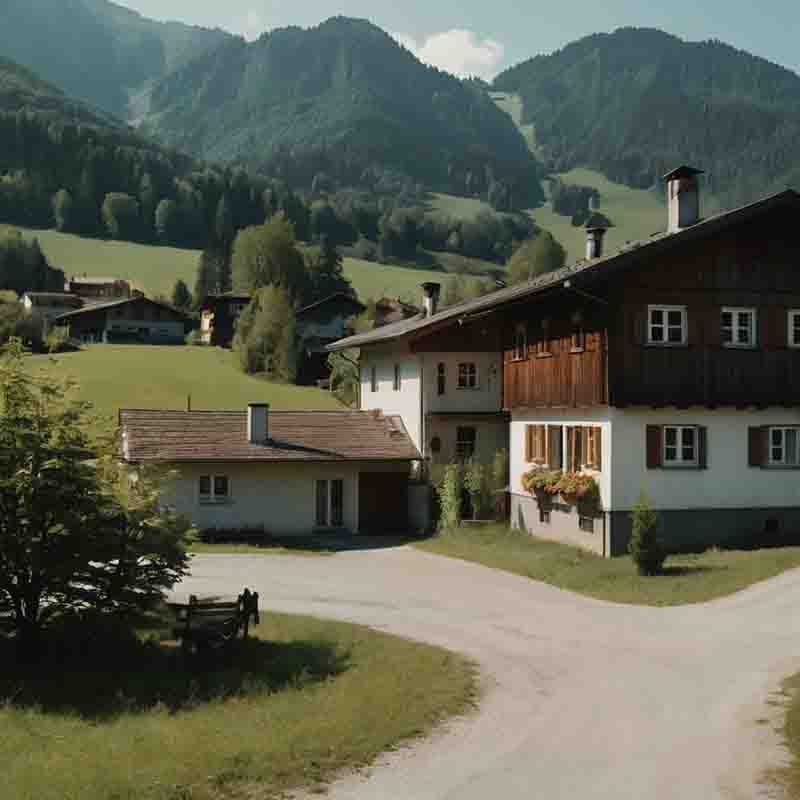 Eine ideale Chiemgau Immobilie vor einer beeindruckenden Gebirgskette die sich majestätisch unter einem klaren blauen Himmel erstreckt.