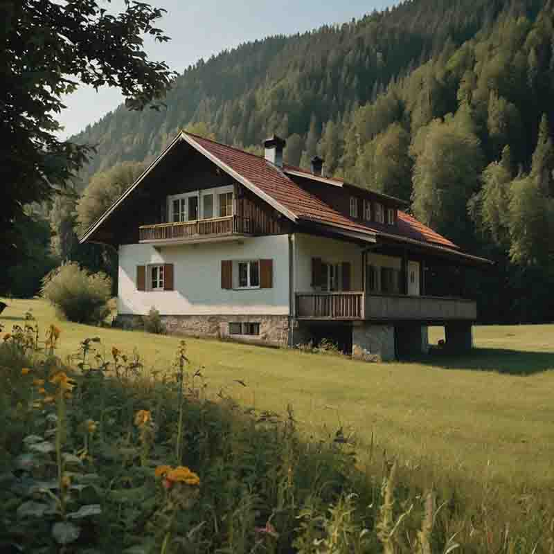 Eine malerische Immobilie im Chiemgau in den Chiemgauer Bergen, umgeben von einem blühenden Garten