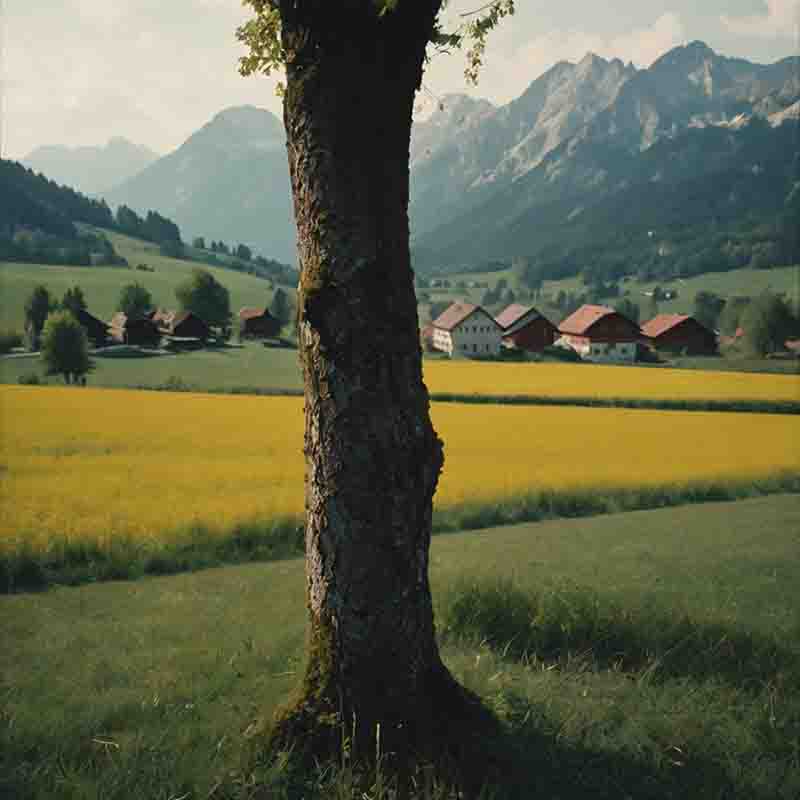 Ein Baum steht vor einem Haus in der ländlichen Umgebung vom Chiemgau, umgeben von grünen Wiesen und einem klaren Himmel.