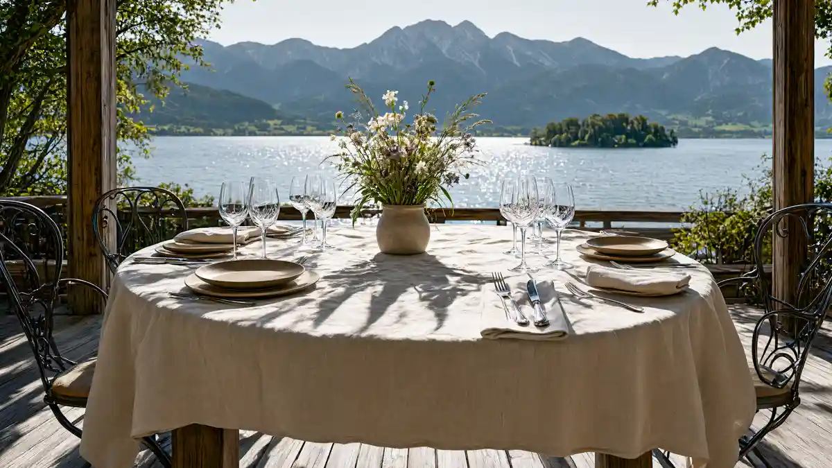 Restaurants im Chiemgau: Übersicht aller Genusswelten Gedeckter Tisch auf einer sonnigen Restaurantterrasse mit Blick auf den Chiemsee und die Chiemgauer Alpen im Hintergrund, Sinnbild für die Restaurants im Chiemgau.