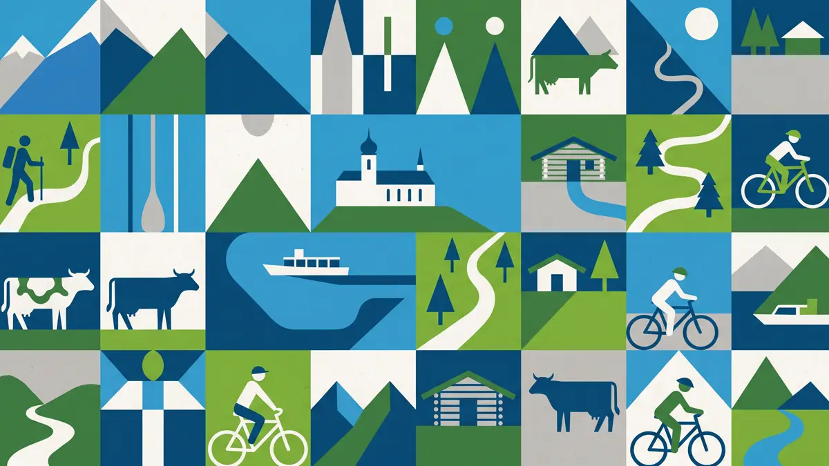 Ein grafisches Muster im Mosaikstil, das alpine Motive wie Berge, Kühe, Radfahrer, Wanderer, Boote und Holzhütten in den Farben Blau, Grün, Weiß und Grau zeigt.