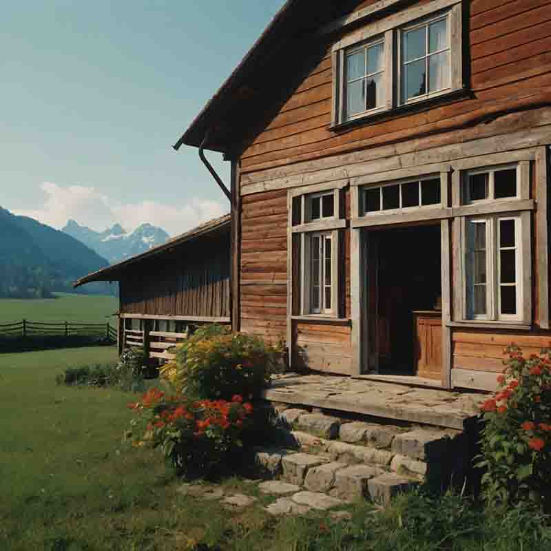 Eine  Holzhaus Immobilie im Chiemgau  mit einer einladenden Veranda und Stufen, gelegen vor einem beeindruckenden Bergpanorama.