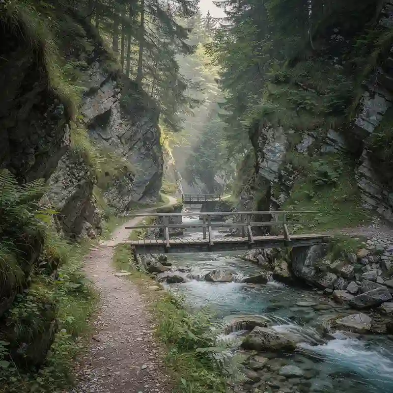 Schwarz-weiße Berglandschaft mit Hügeln, zwei Säulen und einem Weg im Vordergrund, einem Wald im Mittelgrund sowie schneebedeckten Gipfeln und einer kreisrunden Sonne im Hintergrund.